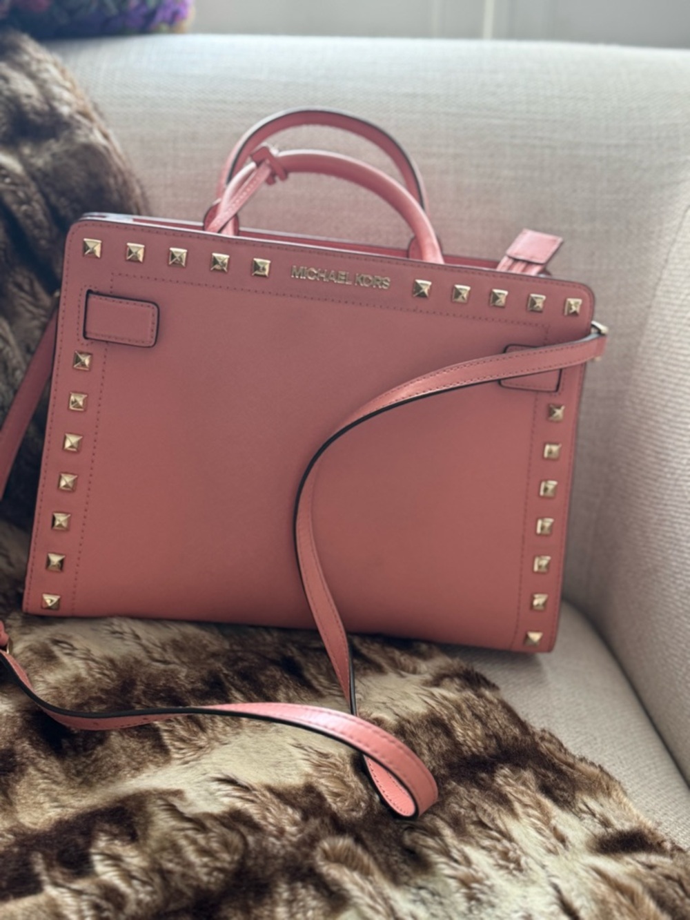 Michael Kors Coral Pink Studded Saffiano Satchel with Gold Hardware - Picture 3 of 3